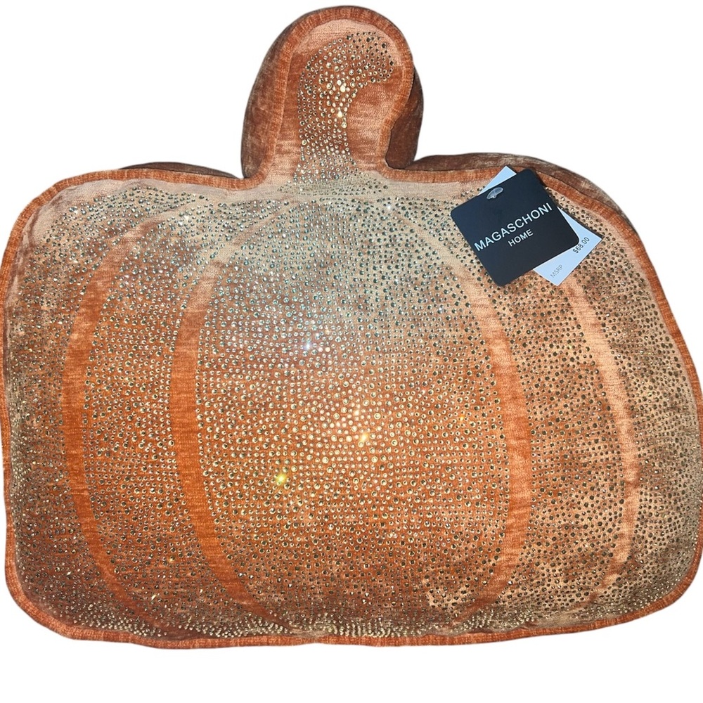 MAGASCHONI Fall Halloween Pumpkin Rhinestone Glam Bling Throw Pillow NEW RARE